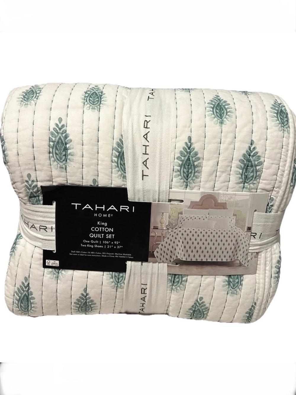 Tahari Green and White King Cotton Quilt Set 106”x92”